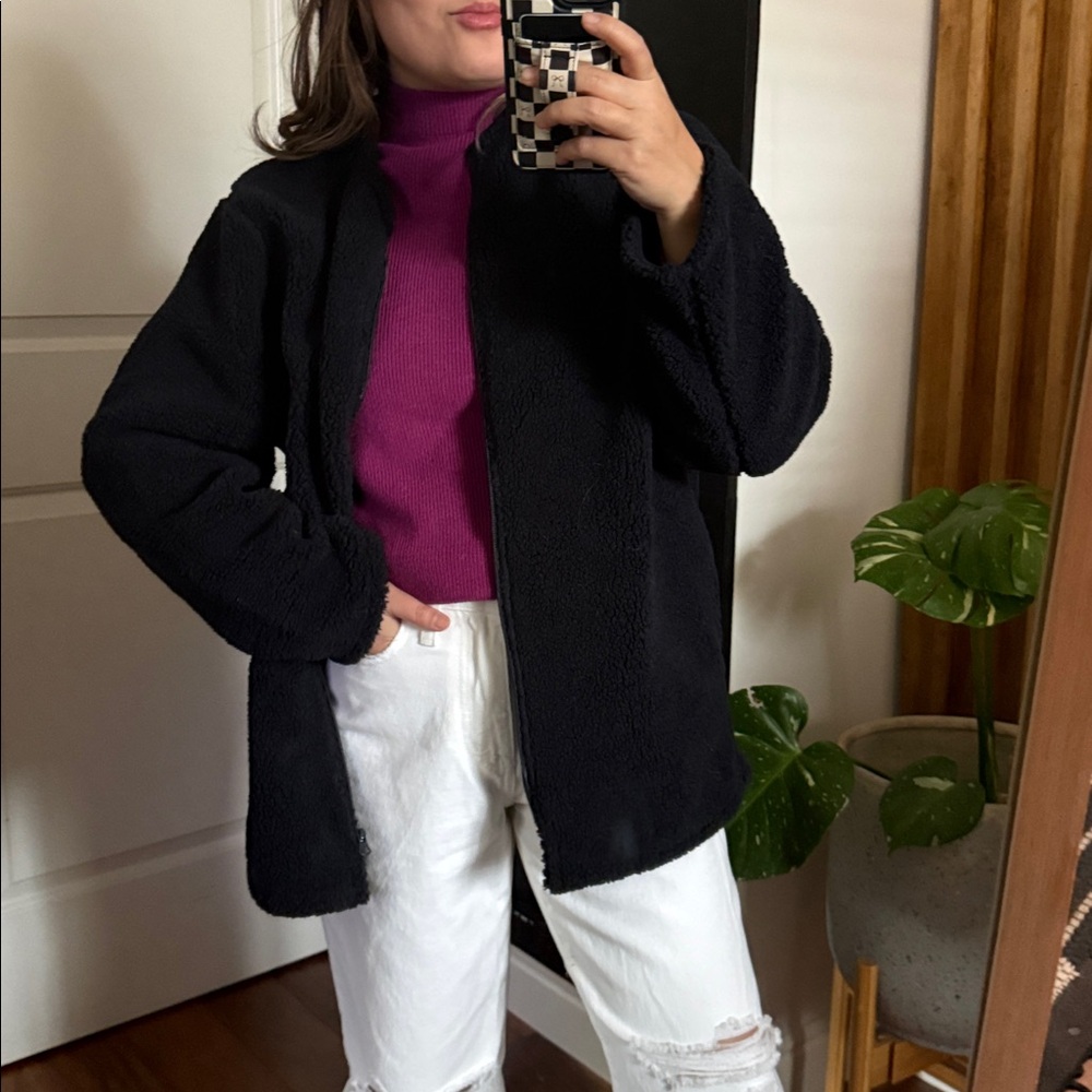 Muji Recycled Boa Fleece Coat In Black. Xs Oversized